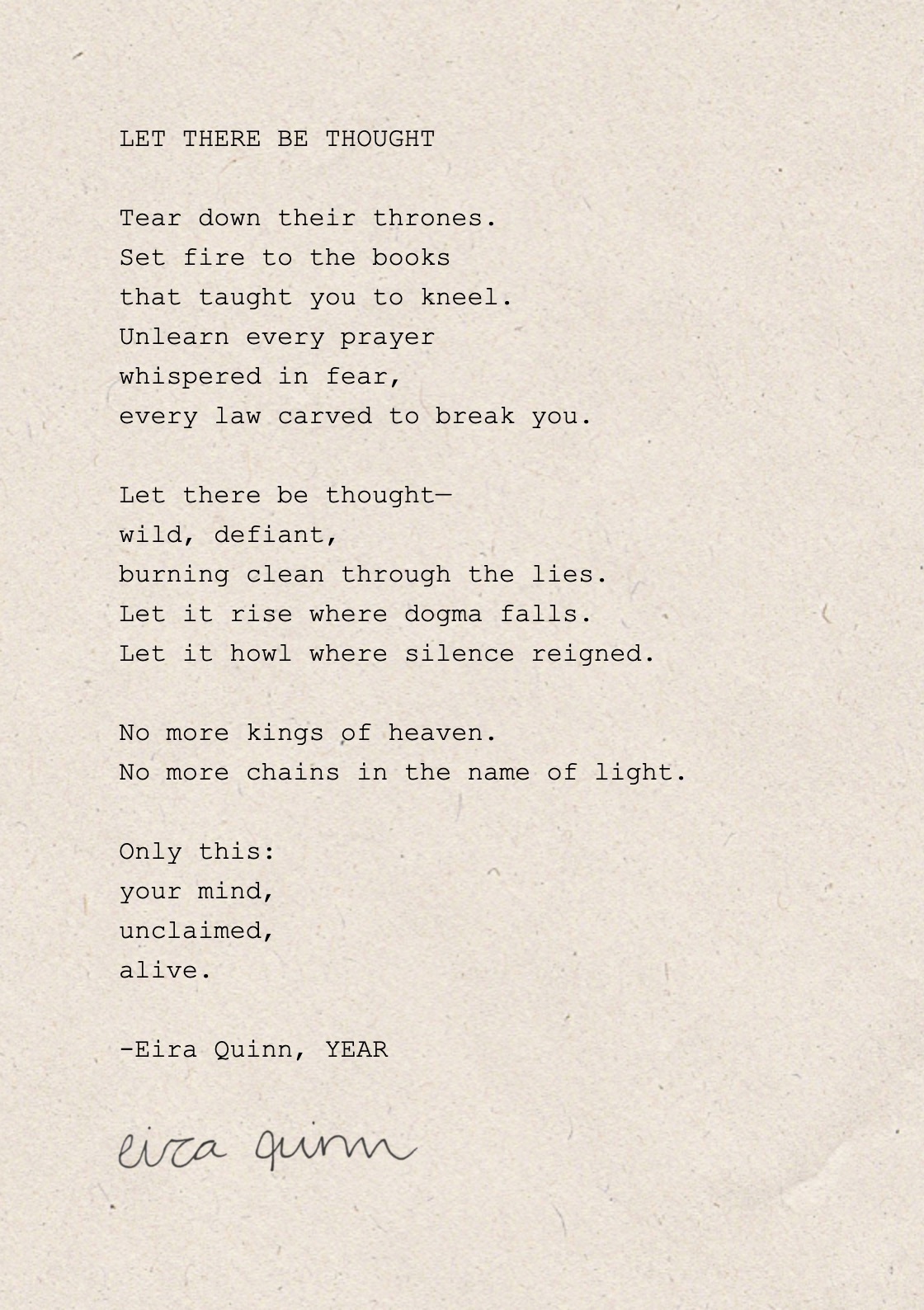 Mockup of "Let There Be Thought" (1.5&times; spacing) hand-typed on A5 handmade paper